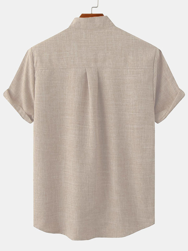 Spring and summer casual short-sleeved solid color cotton linen men's shirt