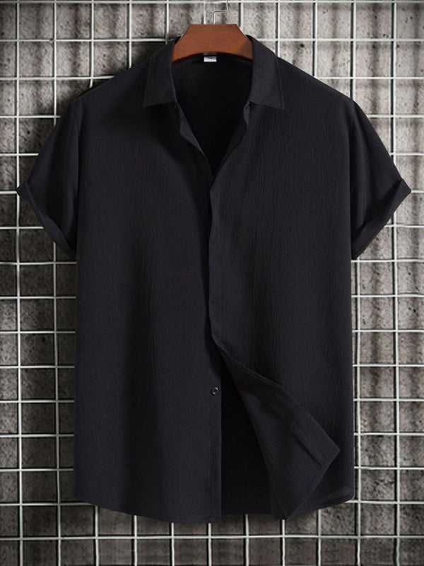 Men's Short Sleeve Loose Solid Color Button Cotton Linen Shirt