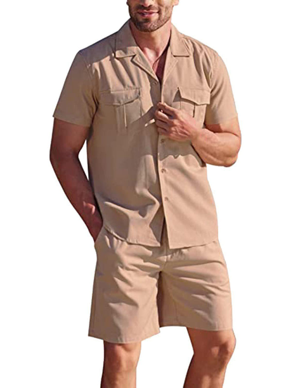 Men's Casual Cotton Linen Cardigan Shirt + Shorts Set