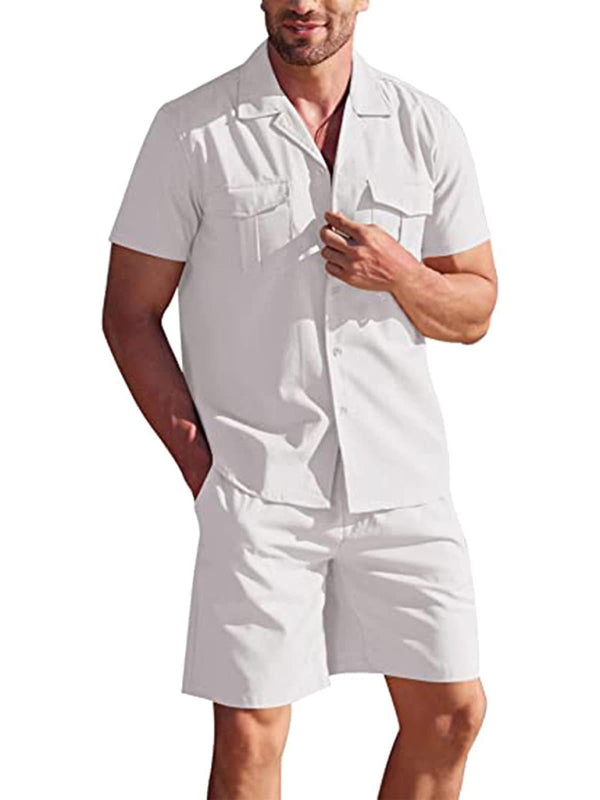Men's Casual Cotton Linen Cardigan Shirt + Shorts Set