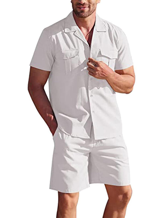 Men's Casual Cotton Linen Cardigan Shirt + Shorts Set