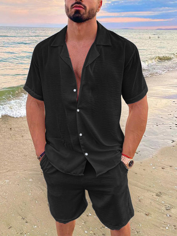 Men's Summer Cotton Linen Solid Color Short Sleeve Shorts Set
