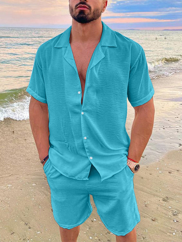 Men's Summer Cotton Linen Solid Color Short Sleeve Shorts Set