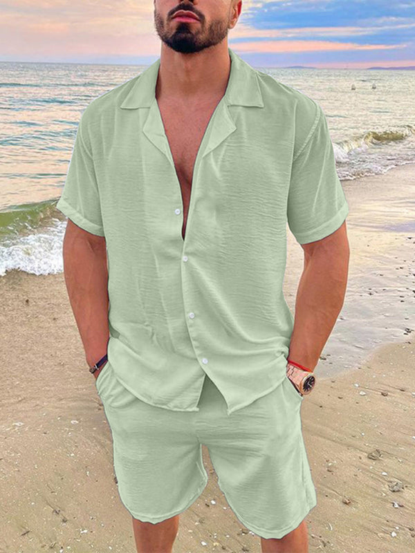 Men's Summer Cotton Linen Solid Color Short Sleeve Shorts Set