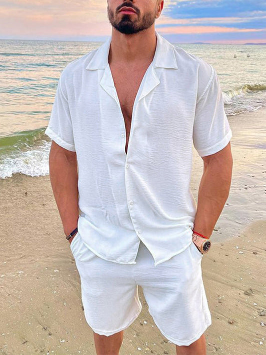 Men's Summer Cotton Linen Solid Color Short Sleeve Shorts Set