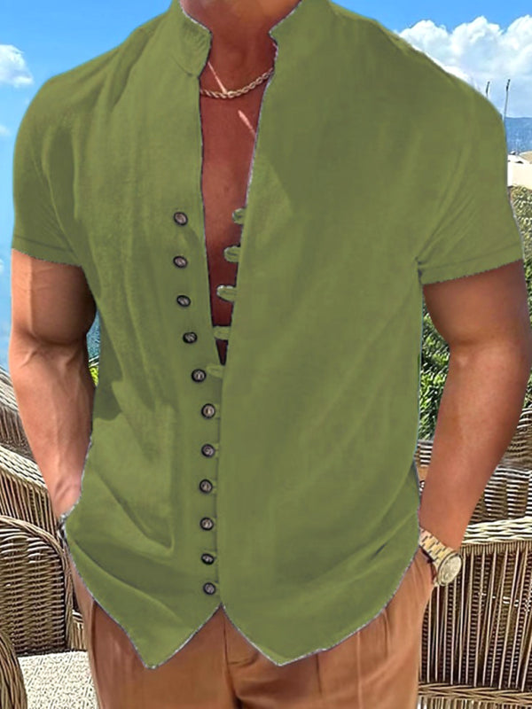 New Vintage Button Stand Collar Short Sleeve Shirt