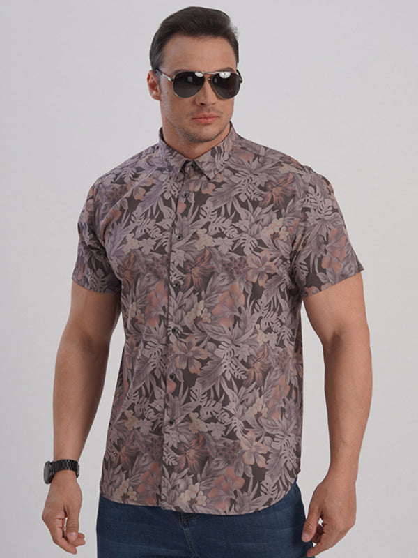 Large size men's stretch leaf flower short-sleeved shirt