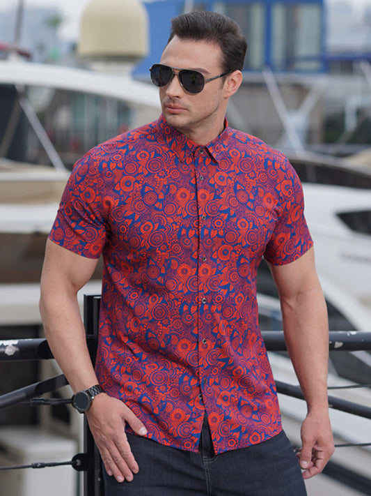Large size men's stretch leaf flower short-sleeved shirt