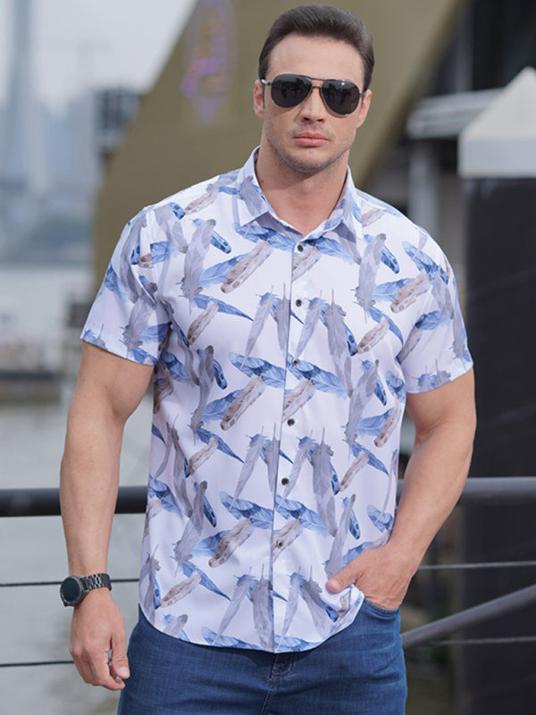 Large size men's stretch leaf flower short-sleeved shirt