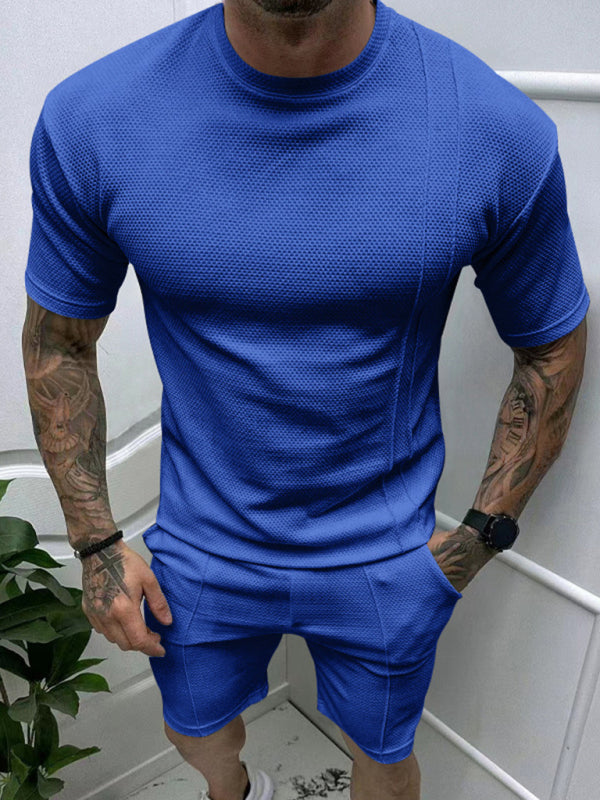 Men's new casual solid color shorts short-sleeve suit