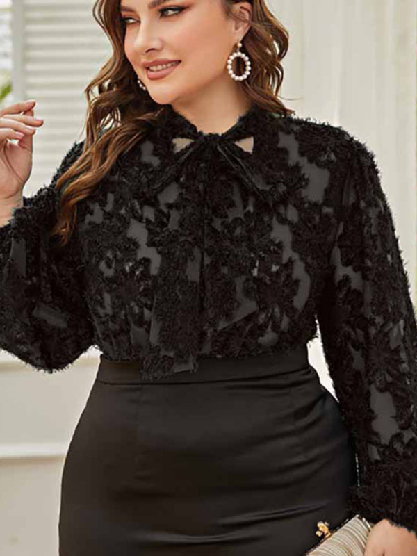 Plus Size Women's Tie Bow Long Sleeve Commuter Shirt