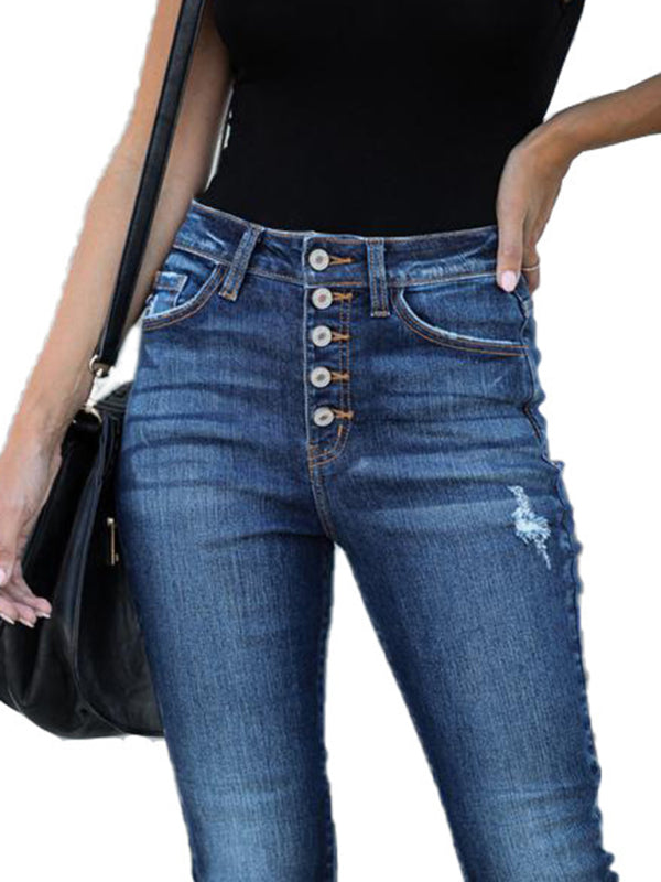 High Waist Retro Breasted Fringed Small Feet Elastic Ripped Women Jeans
