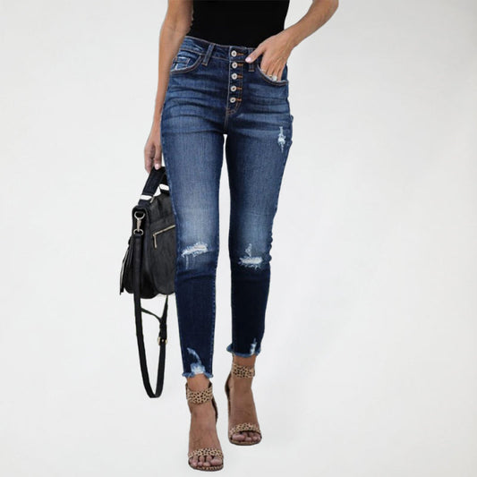 High Waist Retro Breasted Fringed Small Feet Elastic Ripped Women Jeans