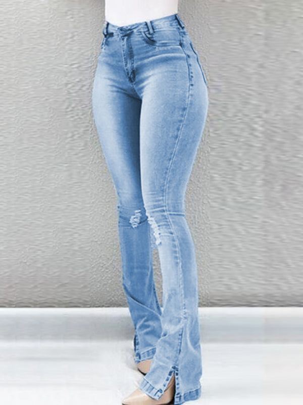 Elastic slit flared high waist women jeans