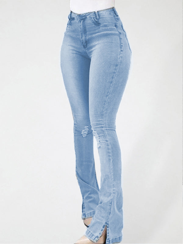Elastic slit flared high waist women jeans