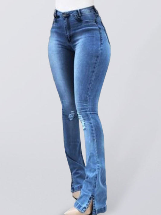 Elastic slit flared high waist women jeans