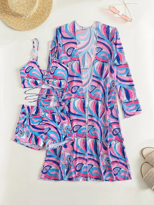 Split three-piece high waist long-sleeved ins blouse drawstring swimwear