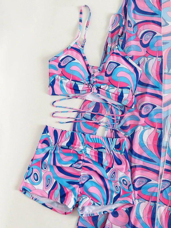 Split three-piece high waist long-sleeved ins blouse drawstring swimwear