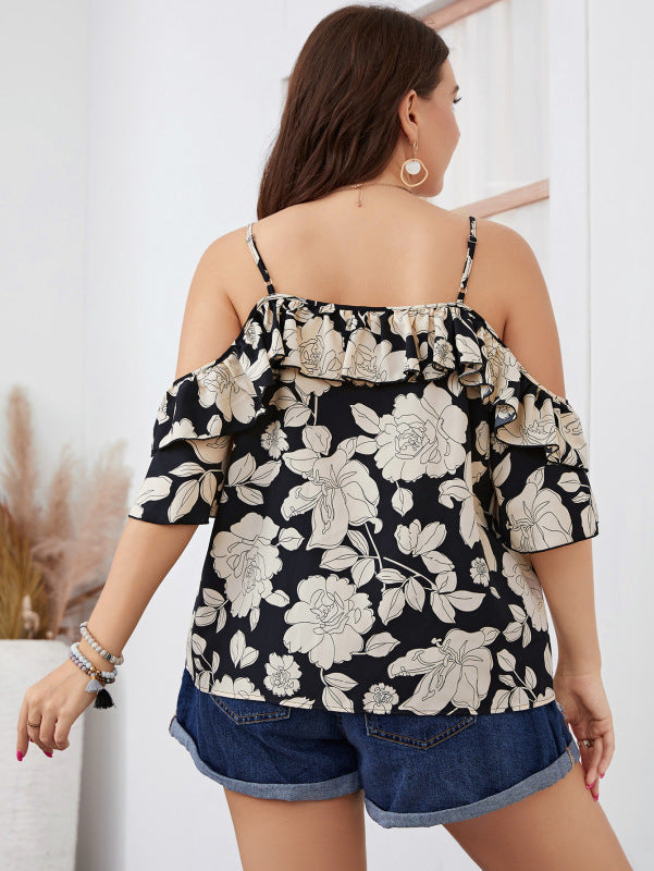 Plus size women's temperament no collar suspender fashion print lapel chiffon top