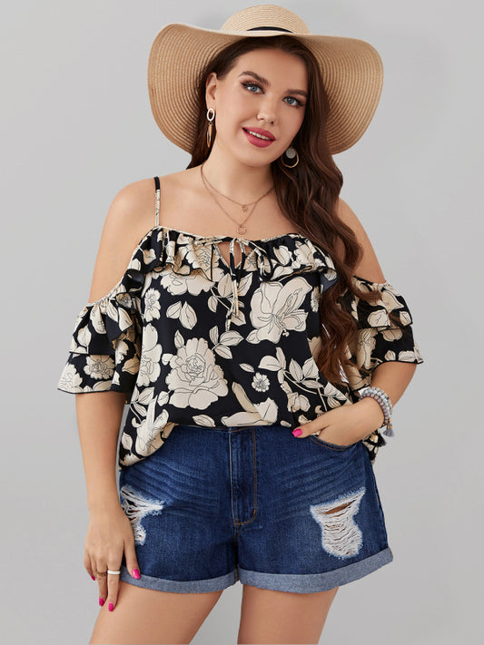 Plus size women's temperament no collar suspender fashion print lapel chiffon top