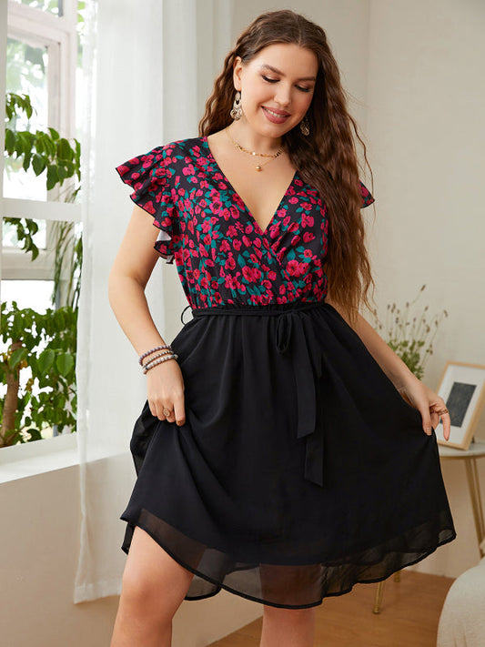 Plus Size Women's Daily Casual Print V Neck Loose Dress
