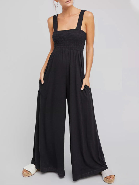 Women's Square Neck Casual Slim Pleated Jumpsuit