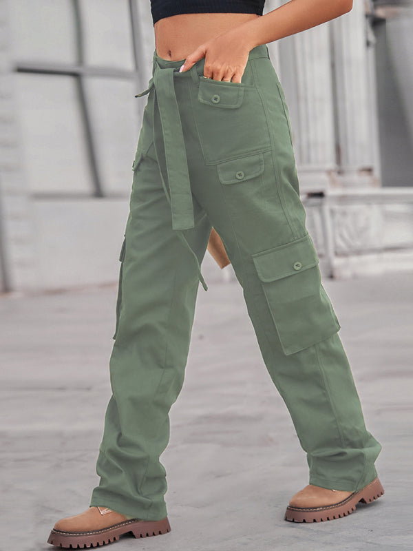 Washed denim multi-pocket heavy casual trousers