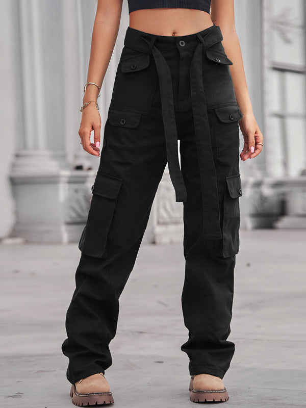 Washed denim multi-pocket heavy casual trousers
