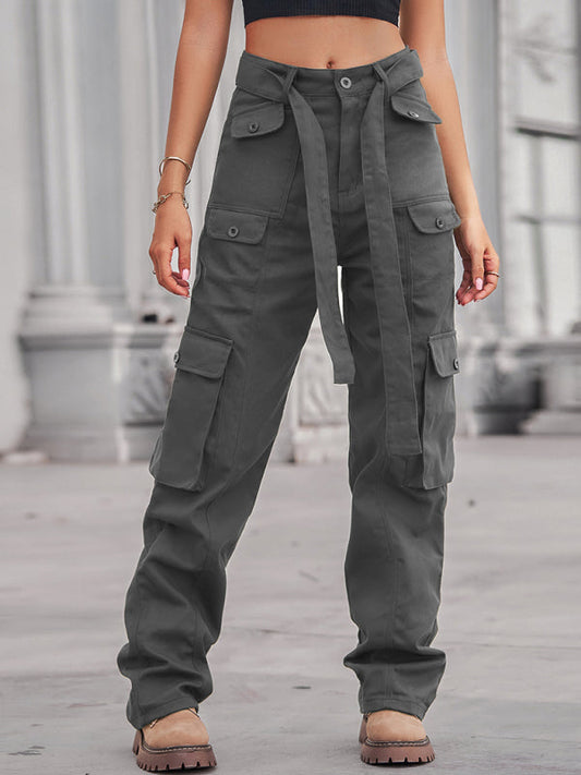 Washed denim multi-pocket heavy casual trousers