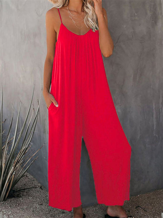 Solid color side pocket loose casual suspender jumpsuit
