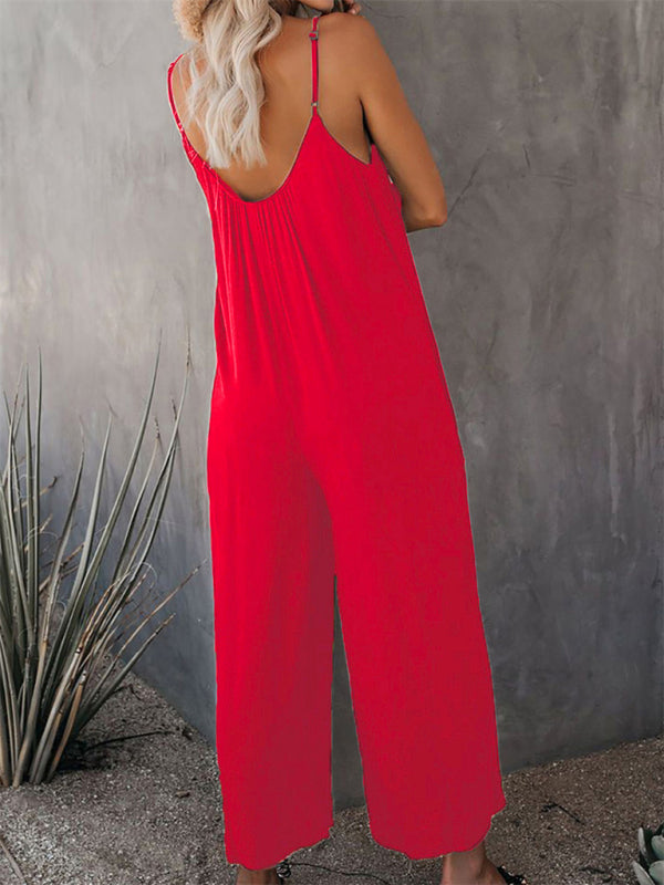 Solid color side pocket loose casual suspender jumpsuit