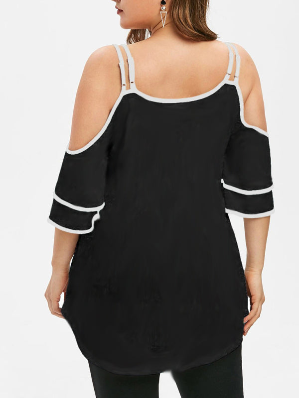 Off-shoulder sling sequined lotus leaf sleeves loose oversized short-sleeved T-shirt