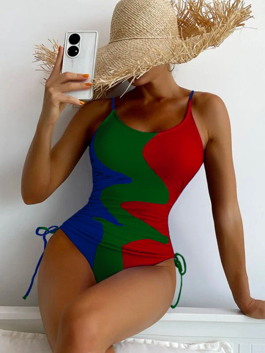 New One-Piece Multicolor Stitching Drawstring Corrugated Ladies Swimsuit