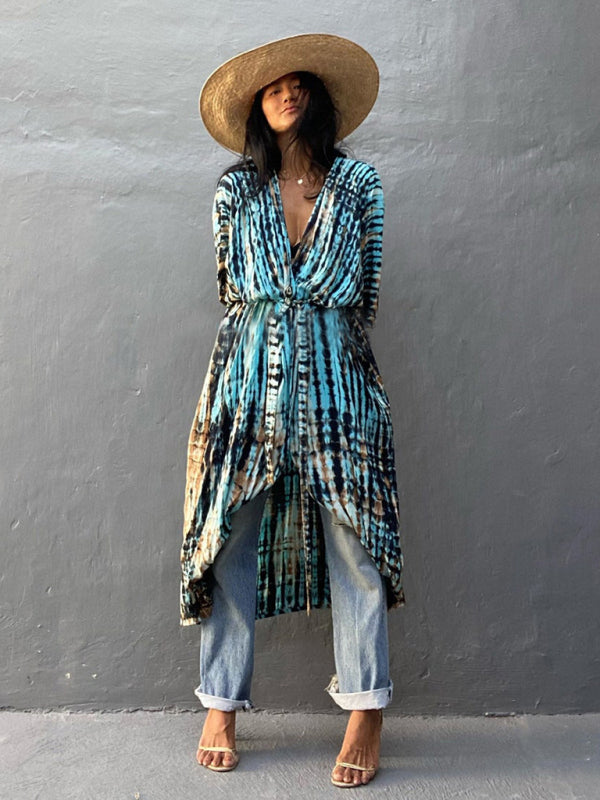 Beach Cover-Up Rayon Tie-Dye Graphic Print Cardigan
