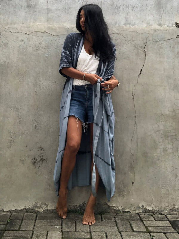 Beach Cover-Up Rayon Tie-Dye Graphic Print Cardigan