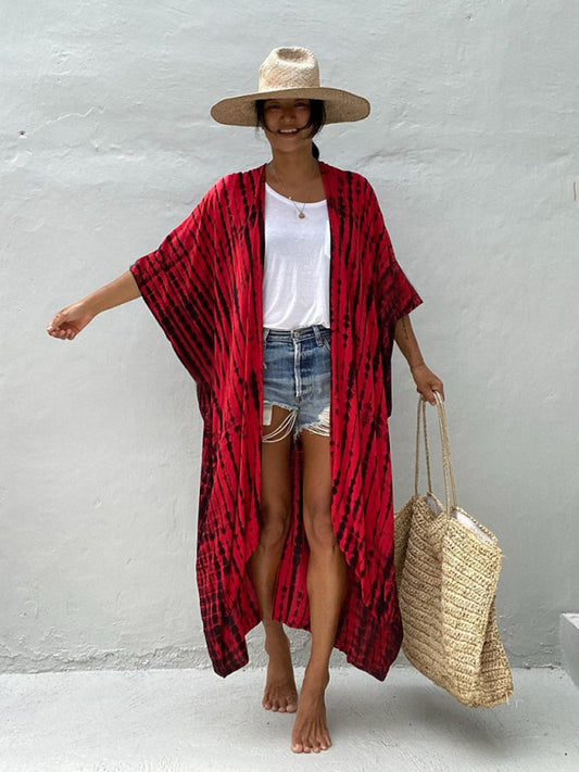 Beach Cover-Up Rayon Tie-Dye Graphic Print Cardigan