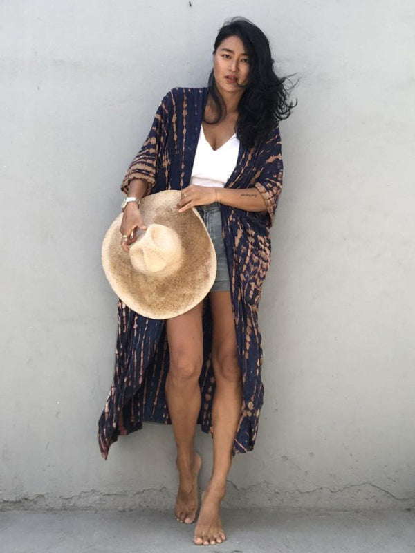 Beach Cover-Up Rayon Tie-Dye Graphic Print Cardigan