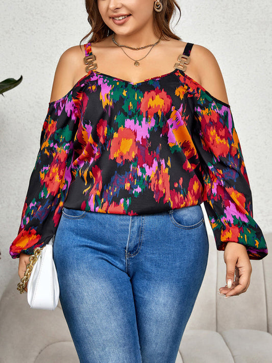 Plus Size Women's Fashionable Graffiti Print Puffy Sleeve Top