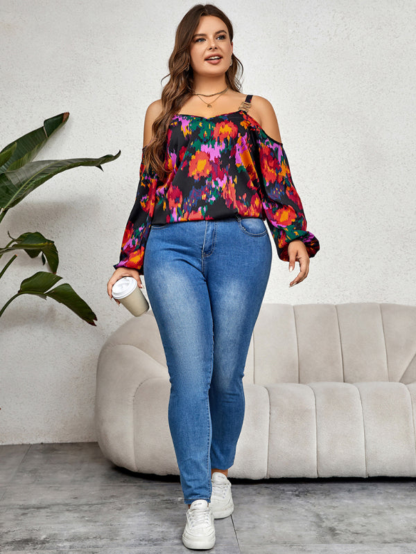 Plus Size Women's Fashionable Graffiti Print Puffy Sleeve Top