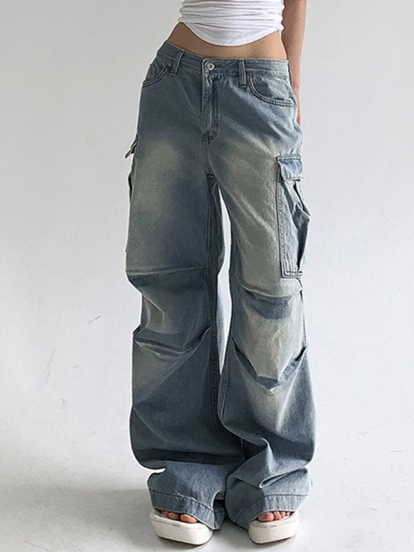 Street style distressed washed pocket splicing jeans loose straight pants