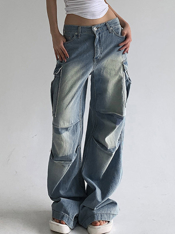 Street style distressed washed pocket splicing jeans loose straight pants
