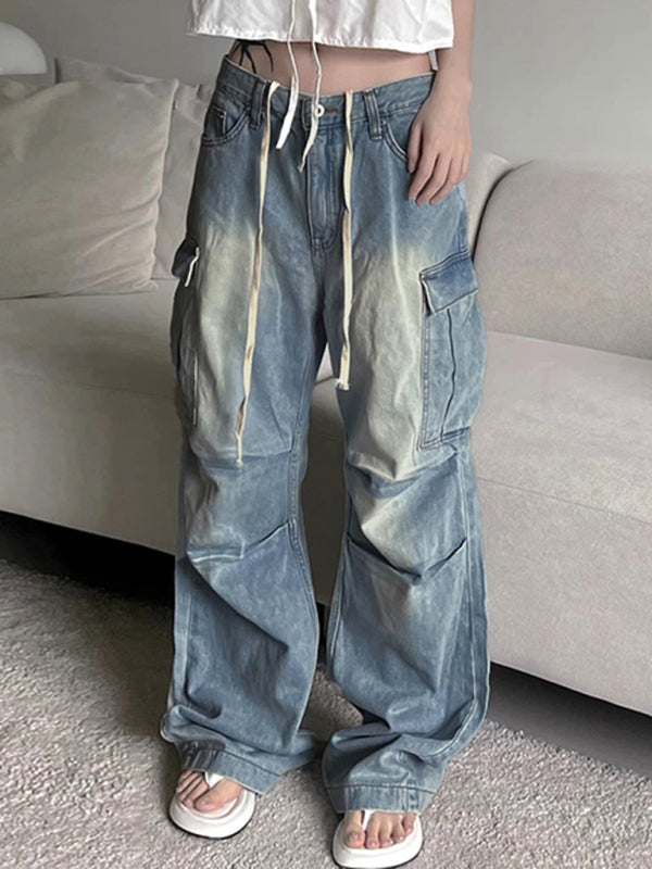 Street style distressed washed pocket splicing jeans loose straight pants