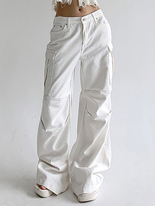 Street style distressed washed pocket splicing jeans loose straight pants