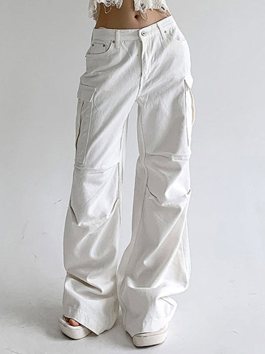 Street style distressed washed pocket splicing jeans loose straight pants