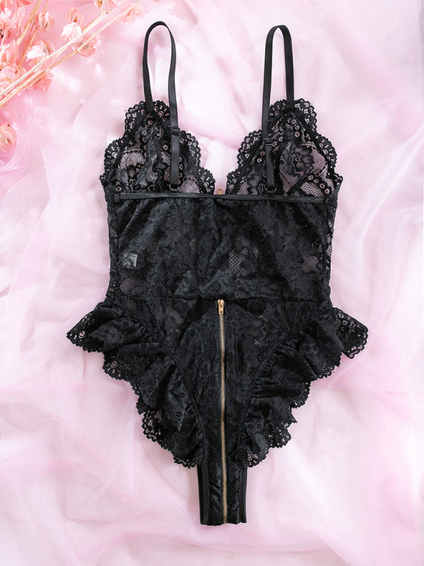 Women's sexy lace stitching motorcycle zipper backless bodysuit
