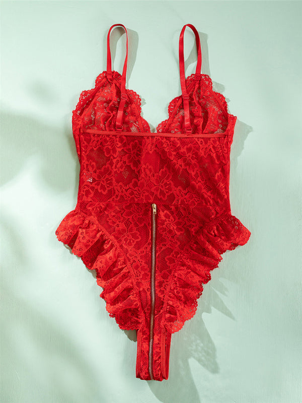 Women's sexy lace stitching motorcycle zipper backless bodysuit