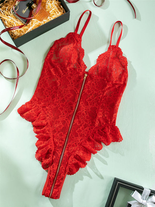 Women's sexy lace stitching motorcycle zipper backless bodysuit
