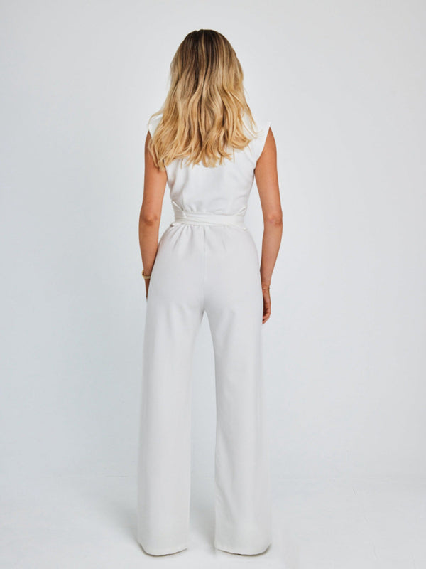 Temperament strapped waist solid color V-neck sleeveless wide-leg jumpsuit