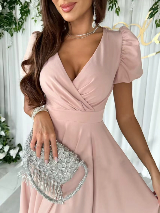 New Solid Color V-Neck Waist Puff Sleeve Swing Dress