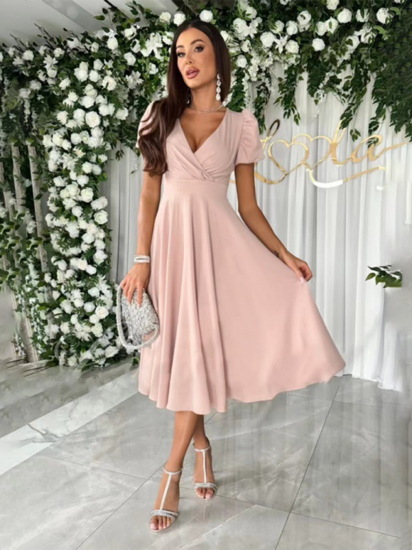 New Solid Color V-Neck Waist Puff Sleeve Swing Dress